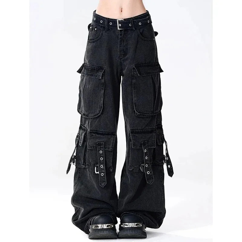 Y2K Black Cargo Pants for Women Straight Leg Jean Edgy Style Pocket Trousers Streetwear 2000s Aesthetic Grunge Pants Pantalones
