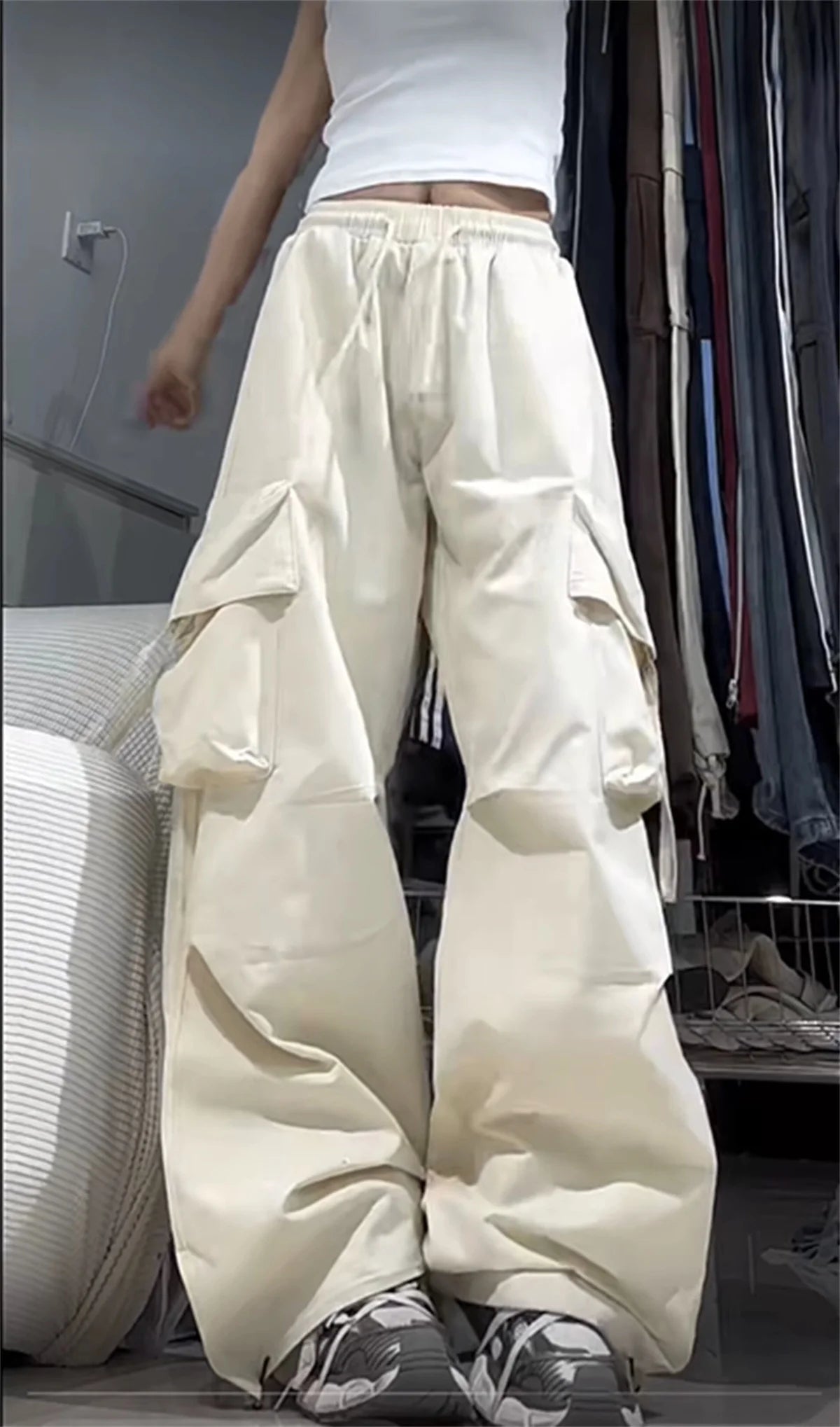 Women Y2K Cargo Pants High Waist Streetwear Hip Hop Trousers Female Big Pockets Casual Low Waist Drawstring Baggy Sweatpants