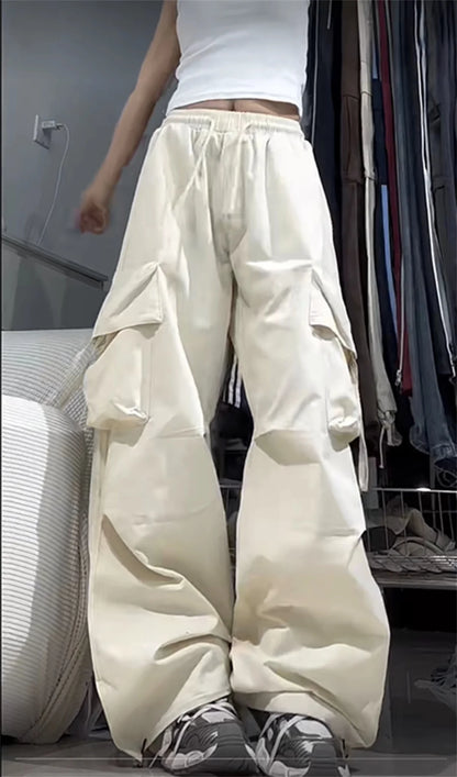 Women Y2K Cargo Pants High Waist Streetwear Hip Hop Trousers Female Big Pockets Casual Low Waist Drawstring Baggy Sweatpants