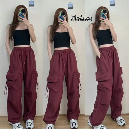 Women Y2K Cargo Pants High Waist Streetwear Hip Hop Trousers Female Big Pockets Casual Low Waist Drawstring Baggy Sweatpants