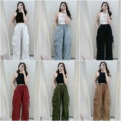 Women Y2K Cargo Pants High Waist Streetwear Hip Hop Trousers Female Big Pockets Casual Low Waist Drawstring Baggy Sweatpants