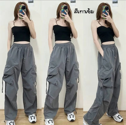 Women Y2K Cargo Pants High Waist Streetwear Hip Hop Trousers Female Big Pockets Casual Low Waist Drawstring Baggy Sweatpants