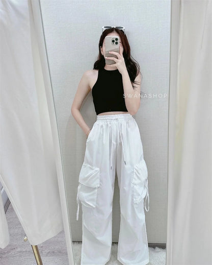 Women Y2K Cargo Pants High Waist Streetwear Hip Hop Trousers Female Big Pockets Casual Low Waist Drawstring Baggy Sweatpants