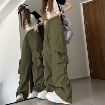 Women Y2K Cargo Pants High Waist Streetwear Hip Hop Trousers Female Big Pockets Casual Low Waist Drawstring Baggy Sweatpants