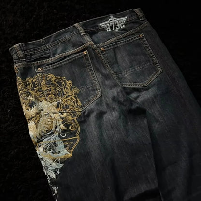 Y2K Vintage New Pattern Letters Embroidered Yellow Washed Jeans Women Rock Casual Joker Wide-leg High Waist Trousers