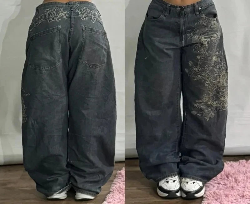 Y2K Vintage New Pattern Letters Embroidered Yellow Washed Jeans Women Rock Casual Joker Wide-leg High Waist Trousers