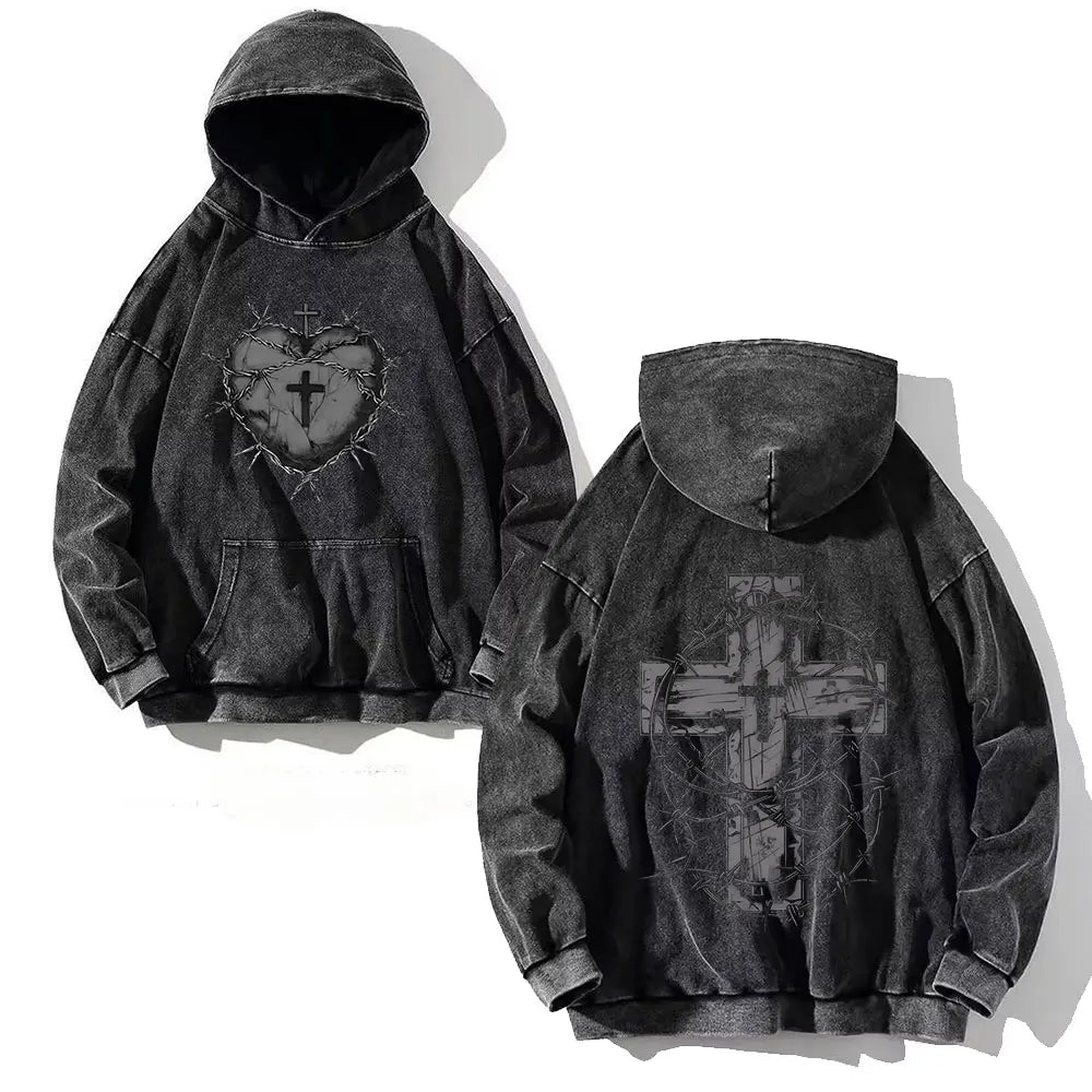 Y2K Washed Hoodies Vintage Cotton Women Men Skull Cross Print Hooded Sweatshirts Oversize Hip Hop Male Pullover Winter Clothes