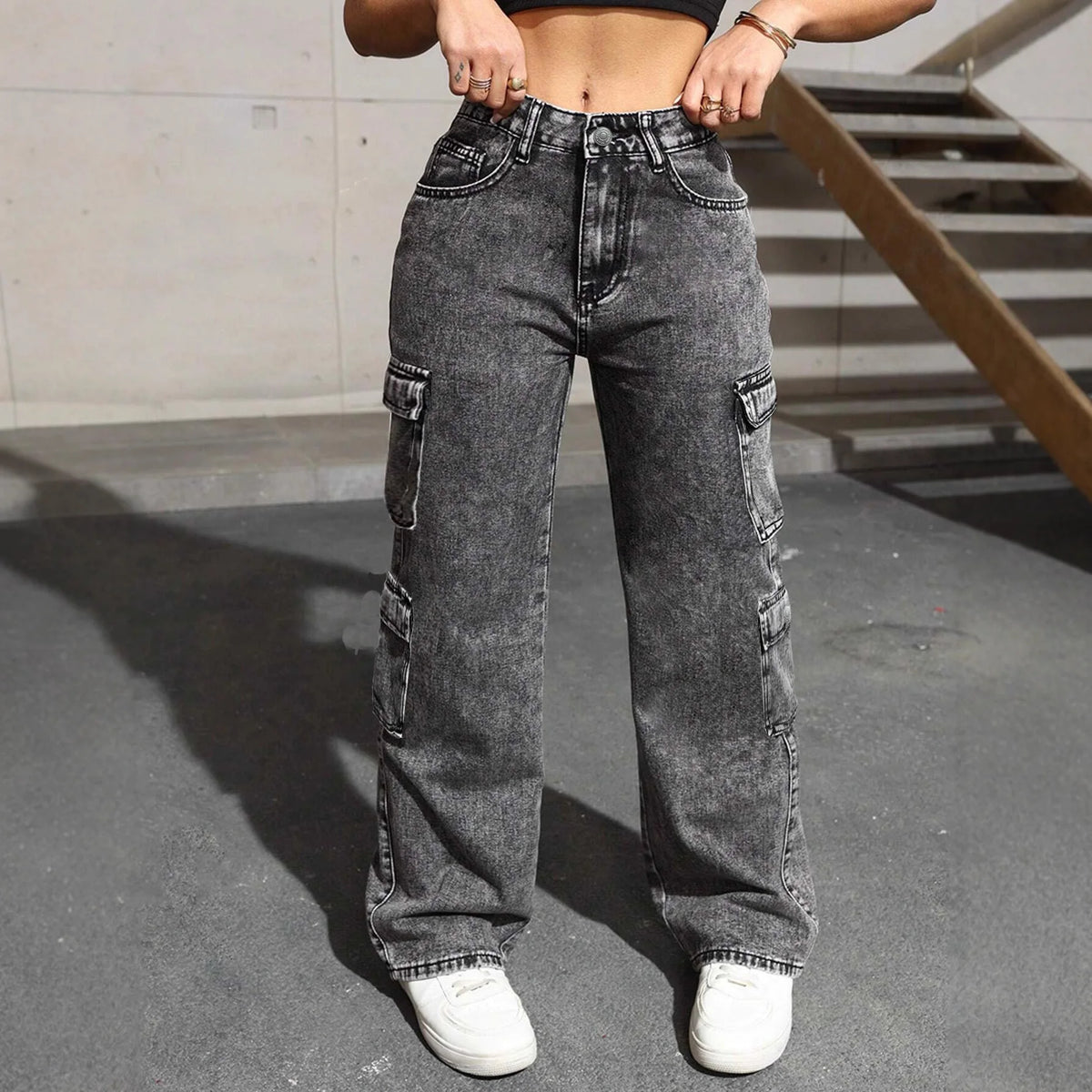Womens Jeans Y2k Jeans High Waist Stretch Cargo Pants Multiple Pockets Casual Trousers for Ladies Fashion Retro Style