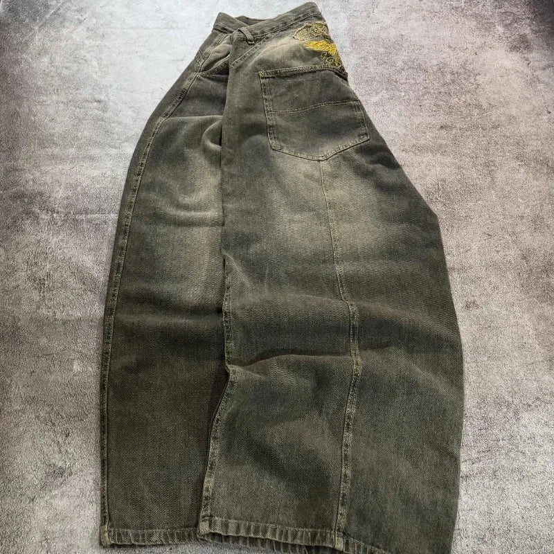 Y2K Vintage New Pattern Letters Embroidered Yellow Washed Jeans Women Rock Casual Joker Wide-leg High Waist Trousers
