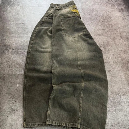 Y2K Vintage New Pattern Letters Embroidered Yellow Washed Jeans Women Rock Casual Joker Wide-leg High Waist Trousers