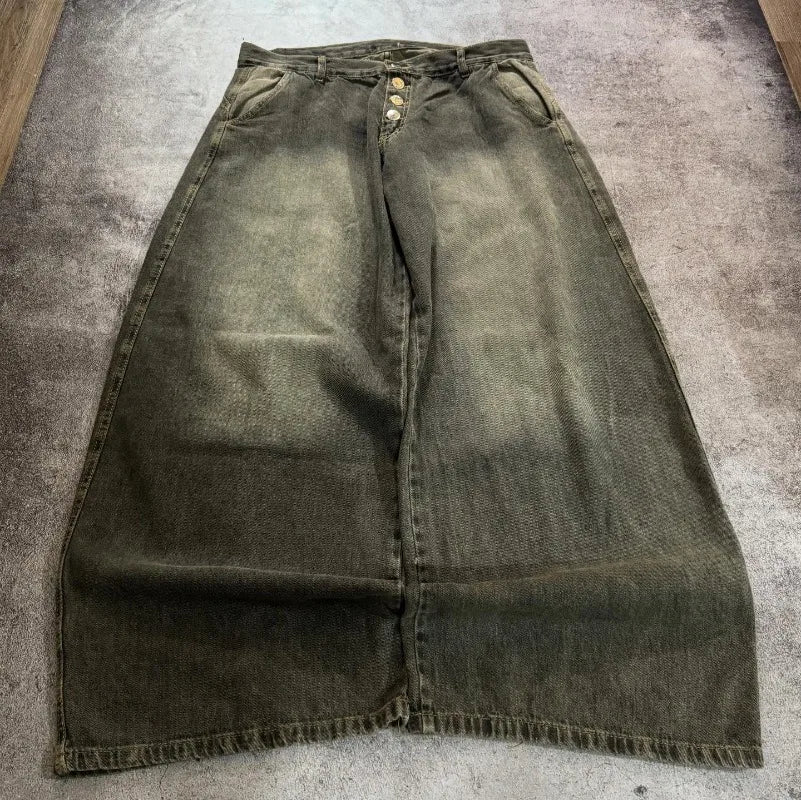 Y2K Vintage New Pattern Letters Embroidered Yellow Washed Jeans Women Rock Casual Joker Wide-leg High Waist Trousers