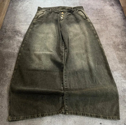 Y2K Vintage New Pattern Letters Embroidered Yellow Washed Jeans Women Rock Casual Joker Wide-leg High Waist Trousers