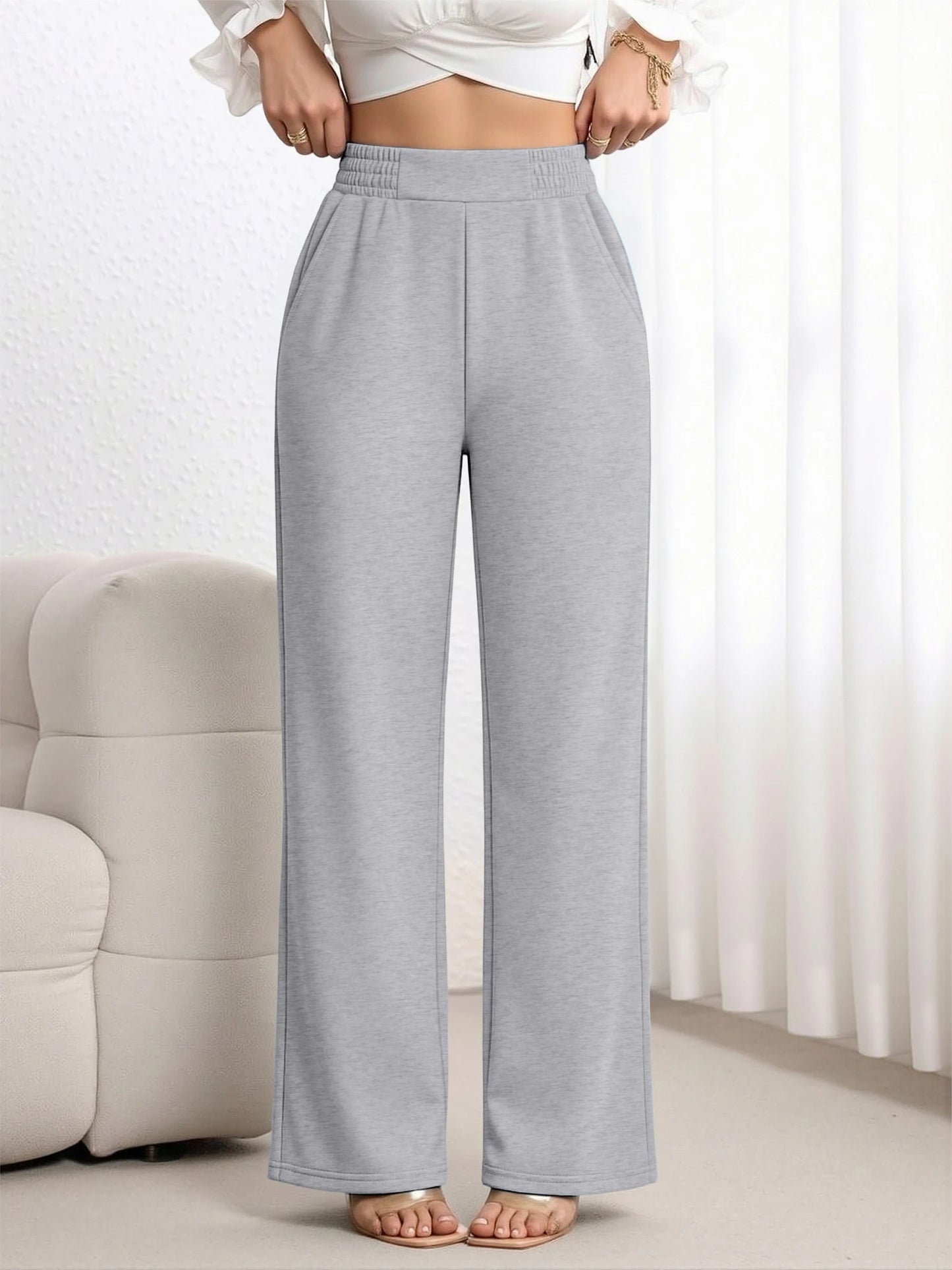 Y2K Streetwear High Waist Wide Leg Pants Women Elastic Waist Solid Color Trousers Trendy for Party Hangout Street Fashion