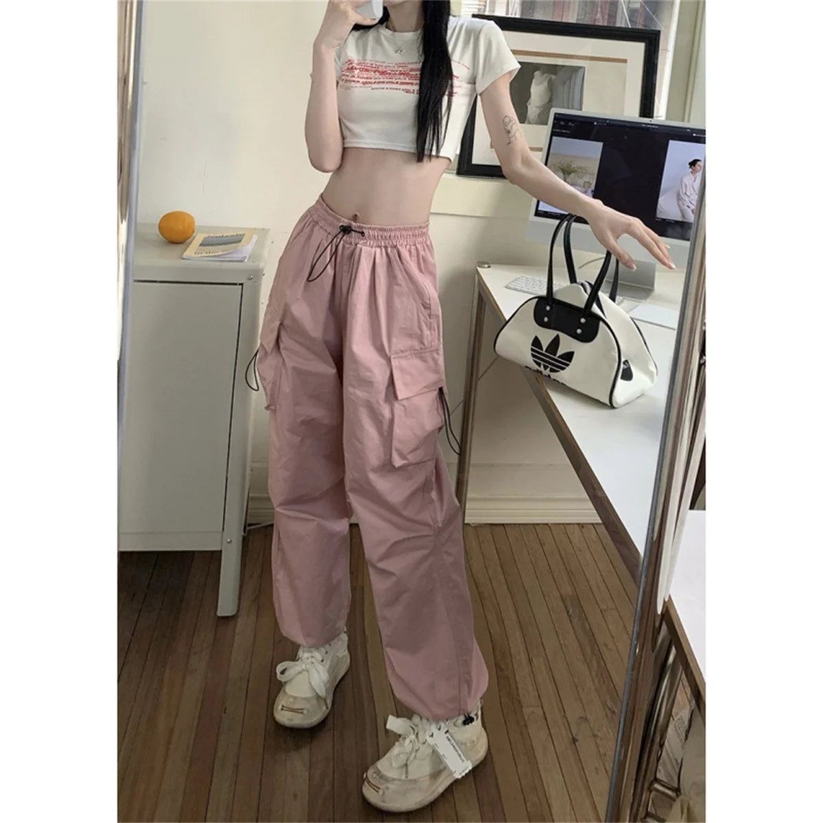 Women Y2K Cargo Pants High Waist Streetwear Hip Hop Trousers Female Big Pockets Casual Low Waist Drawstring Baggy Sweatpants