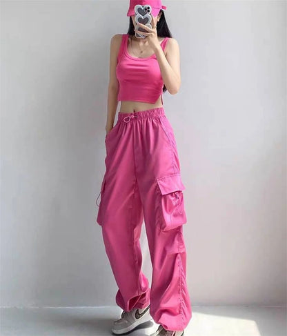 Women Y2K Cargo Pants High Waist Streetwear Hip Hop Trousers Female Big Pockets Casual Low Waist Drawstring Baggy Sweatpants