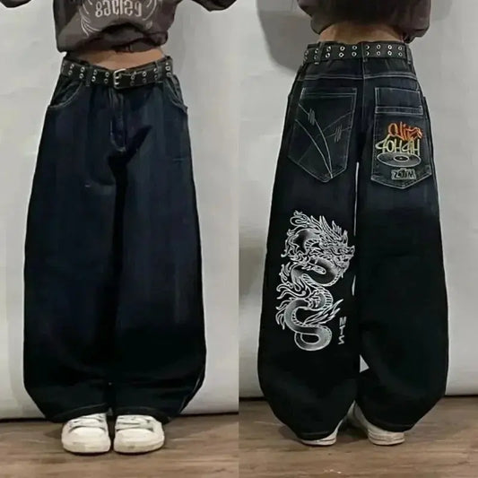 Jean large brodé oversize style Y2K Harajuku