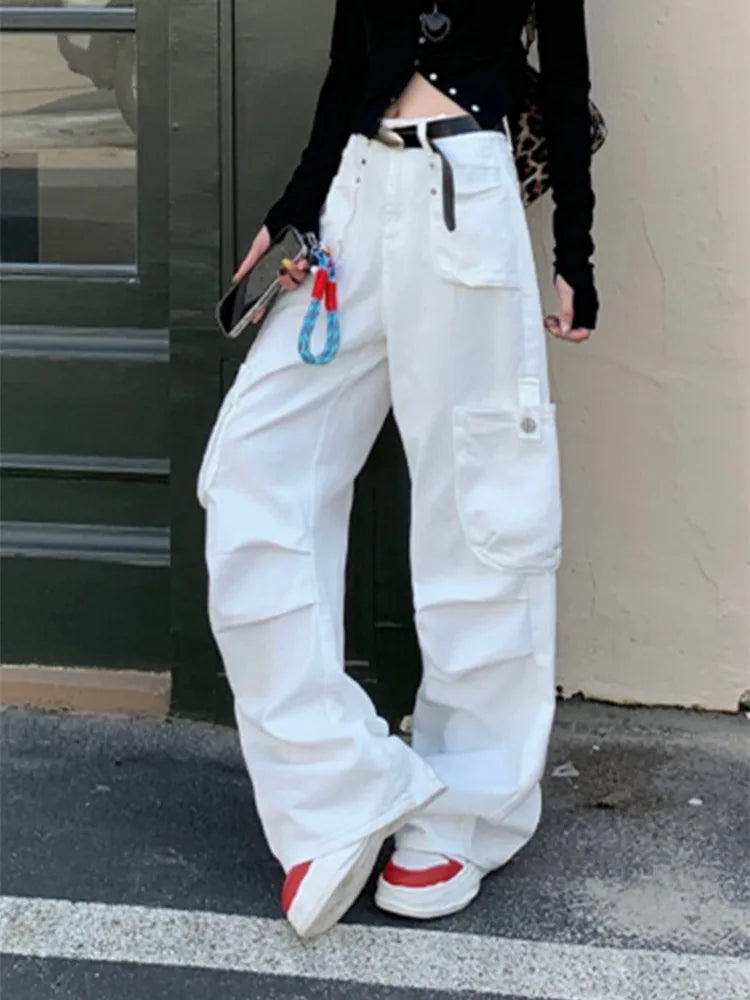 Wine Red Multi Pockets Baggy Jeans Pants For Women