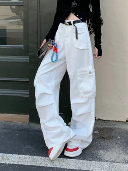 Wine Red Multi Pockets Baggy Jeans Pants For Women