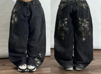 Y2K Vintage New Pattern Letters Embroidered Yellow Washed Jeans Women Rock Casual Joker Wide-leg High Waist Trousers