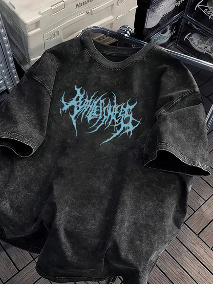 Y2K Grunge Oversized T-Shirt Men Gothic Font Print Heavy Cotton Washed Black Streetwear Harajuku Short Sleeve Tops