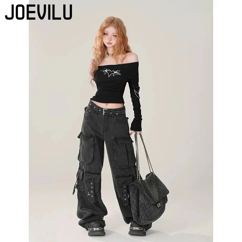 Y2K Black Cargo Pants for Women Straight Leg Jean Edgy Style Pocket Trousers Streetwear 2000s Aesthetic Grunge Pants Pantalones