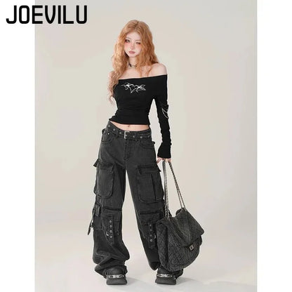 Y2K Black Cargo Pants for Women Straight Leg Jean Edgy Style Pocket Trousers Streetwear 2000s Aesthetic Grunge Pants Pantalones