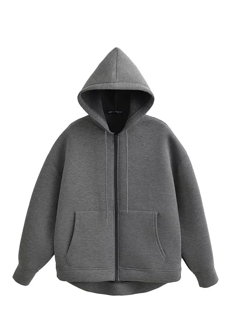 Veste oversize femme zippée à capuche gris style streetwear automne-hiver