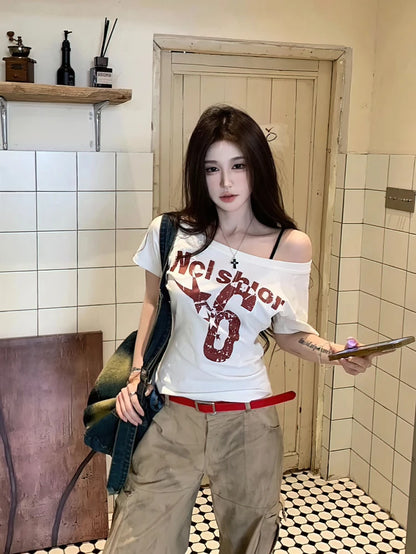 Y2k Sport Summer Off Shoulder Top Women Sexy Vintage 2000s Short Sleeve T Shirt Lady Body Basic Crop Top Female Casual