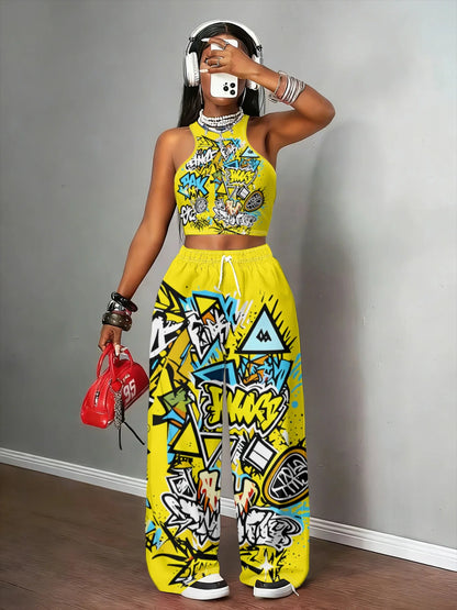 2026 Summer New Trend Y2K Graffiti Print Pants for Women - Casual Drawstring Wide Leg Trousers for Streetwear & Daily Wear