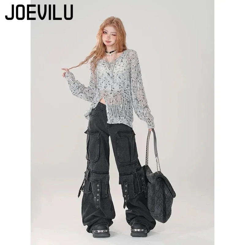 Y2K Black Cargo Pants for Women Straight Leg Jean Edgy Style Pocket Trousers Streetwear 2000s Aesthetic Grunge Pants Pantalones