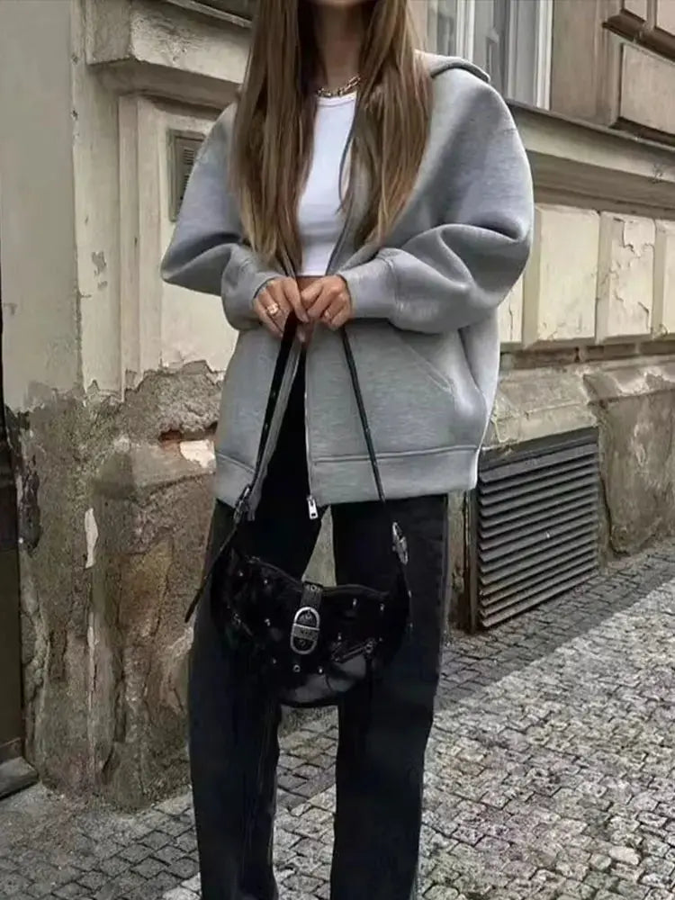 Veste oversize femme zippée à capuche gris style streetwear automne-hiver