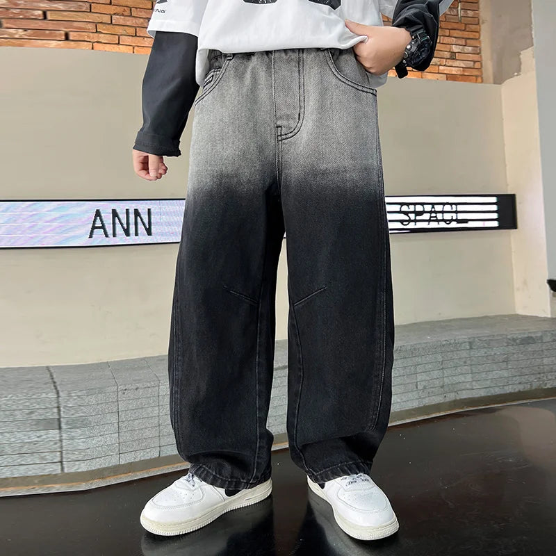 Child y2k Retro Black Wash Jeans For Boy Distressed Gradient Design High Waist Loose Wide Leg Denim Pants Fashion Kids Trousers
