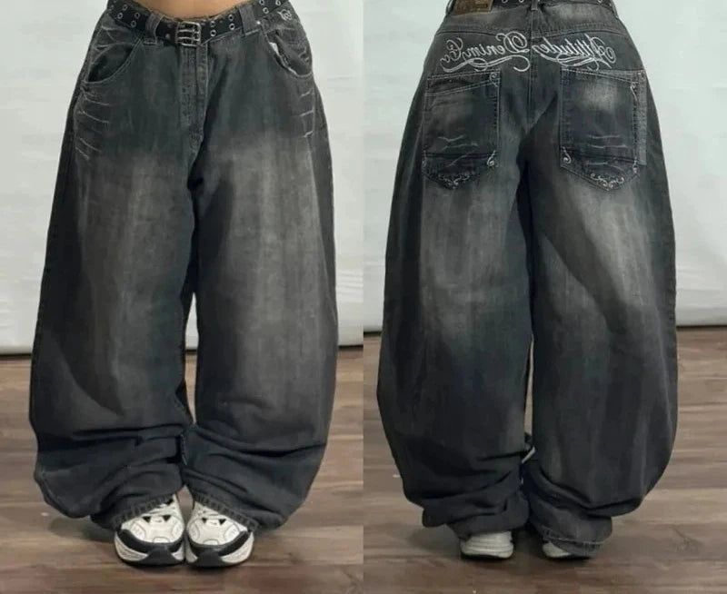 Y2K Vintage New Pattern Letters Embroidered Yellow Washed Jeans Women Rock Casual Joker Wide-leg High Waist Trousers