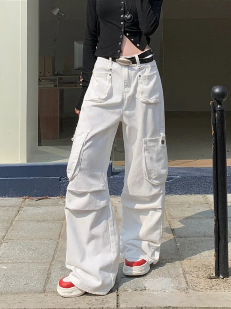 Wine Red Multi Pockets Baggy Jeans Pants For Women