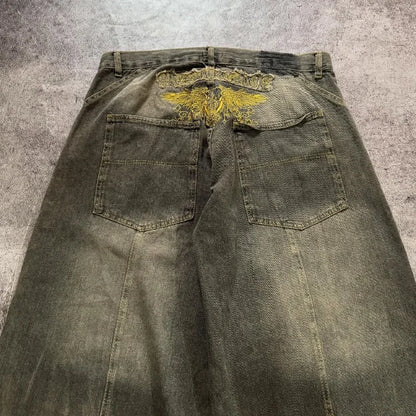 Y2K Vintage New Pattern Letters Embroidered Yellow Washed Jeans Women Rock Casual Joker Wide-leg High Waist Trousers