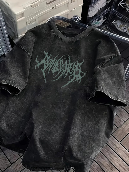 Y2K Grunge Oversized T-Shirt Men Gothic Font Print Heavy Cotton Washed Black Streetwear Harajuku Short Sleeve Tops