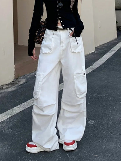 Wine Red Multi Pockets Baggy Jeans Pants For Women