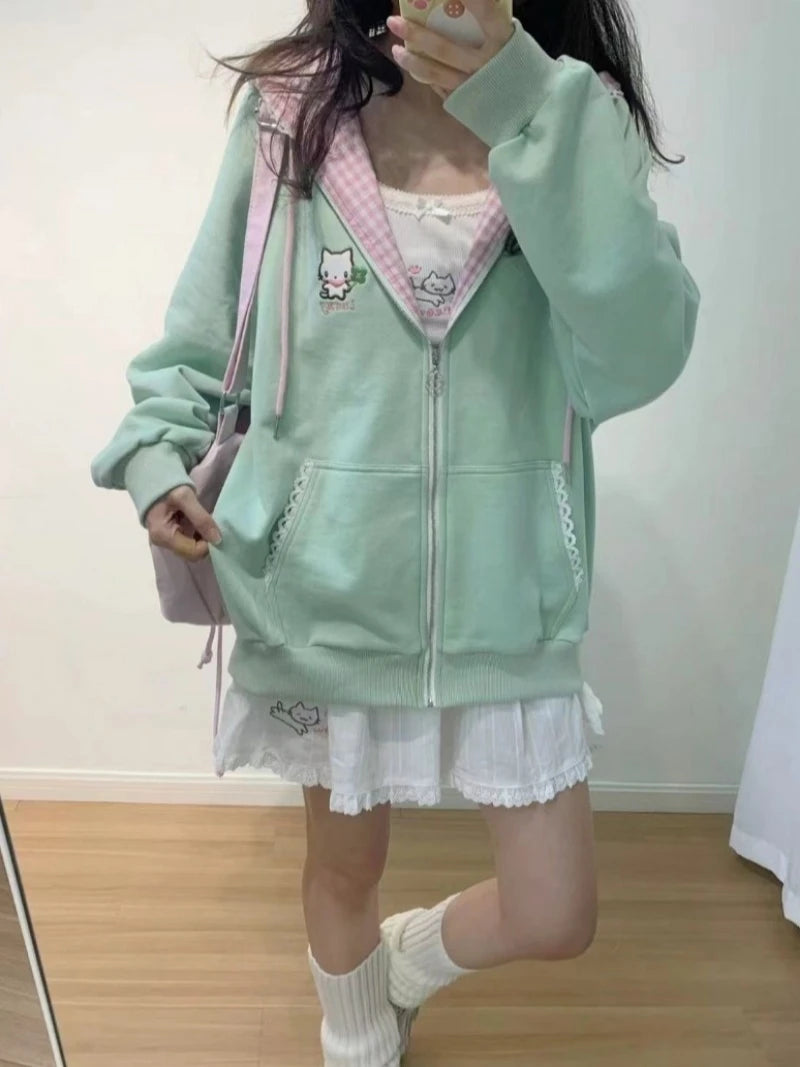 Y2k Hoodies Green Kawaii Cat Floral Print Hooded Zip-up Woman Sweatshirts Pink Thin Jacket Spring Fall Clothes Cute Streetwear