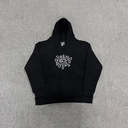 Vintage Hoodie oversize mixte en velours avec imprimé Sun Roll, sweat streetwear chaud, confortable et tendance.