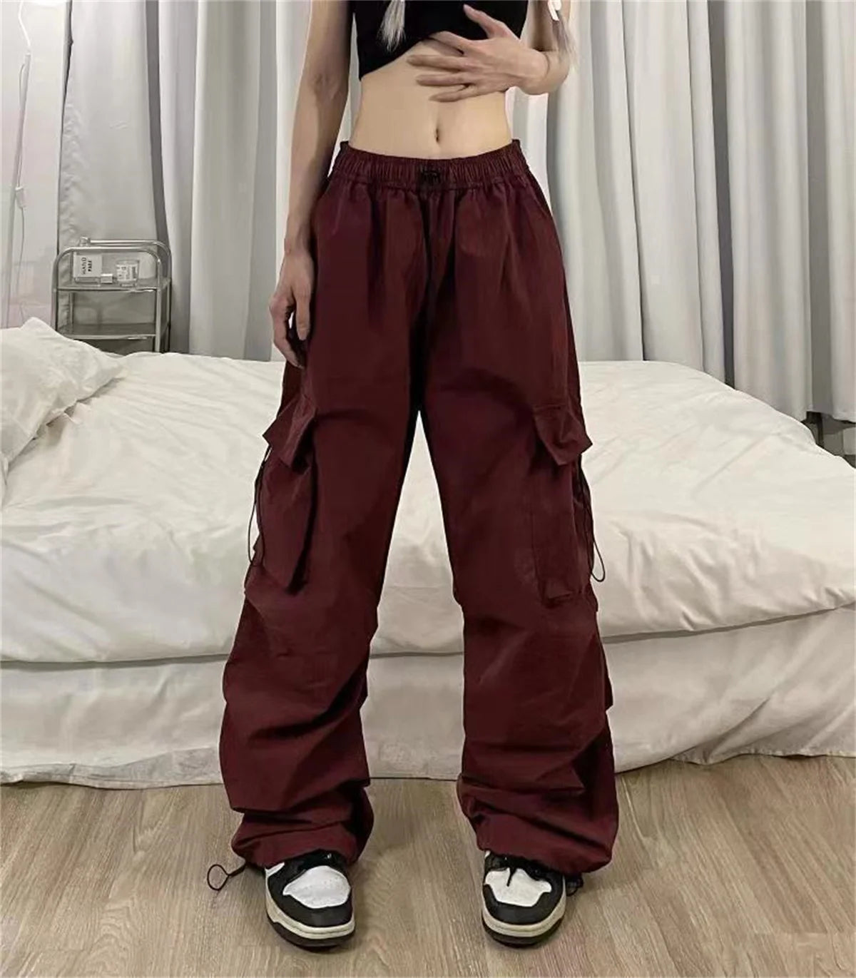 Women Y2K Cargo Pants High Waist Streetwear Hip Hop Trousers Female Big Pockets Casual Low Waist Drawstring Baggy Sweatpants
