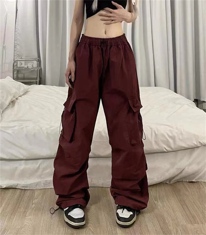 Women Y2K Cargo Pants High Waist Streetwear Hip Hop Trousers Female Big Pockets Casual Low Waist Drawstring Baggy Sweatpants