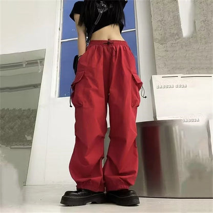 Women Y2K Cargo Pants High Waist Streetwear Hip Hop Trousers Female Big Pockets Casual Low Waist Drawstring Baggy Sweatpants