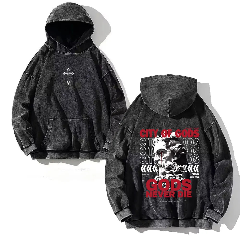 Y2K Washed Hoodies Vintage Cotton Women Men Skull Cross Print Hooded Sweatshirts Oversize Hip Hop Male Pullover Winter Clothes