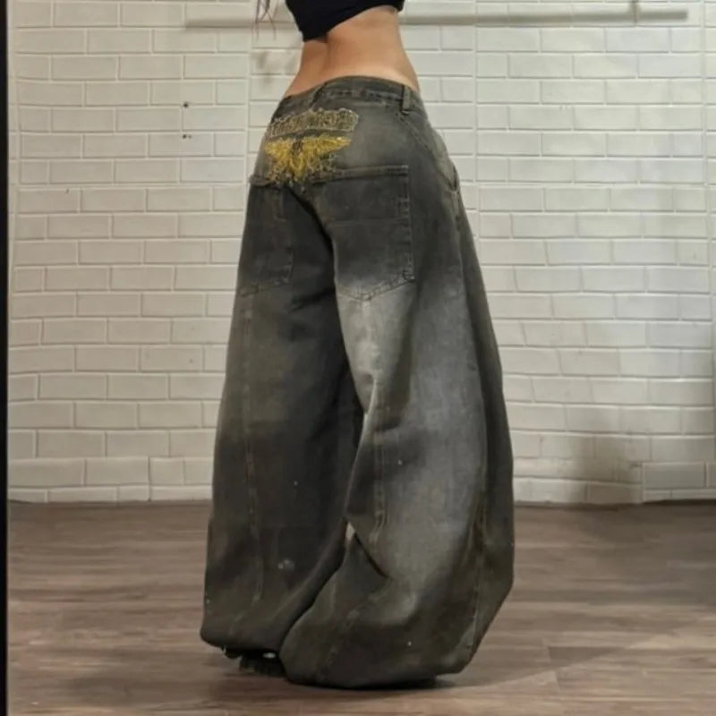 Y2K Vintage New Pattern Letters Embroidered Yellow Washed Jeans Women Rock Casual Joker Wide-leg High Waist Trousers
