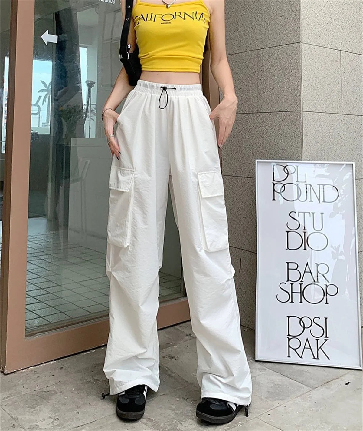 Women Y2K Cargo Pants High Waist Streetwear Hip Hop Trousers Female Big Pockets Casual Low Waist Drawstring Baggy Sweatpants