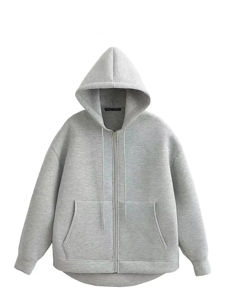 Veste oversize femme zippée à capuche gris style streetwear automne-hiver