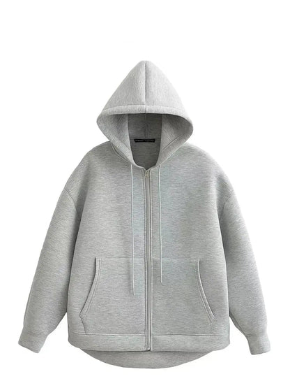 Veste oversize femme zippée à capuche gris style streetwear automne-hiver