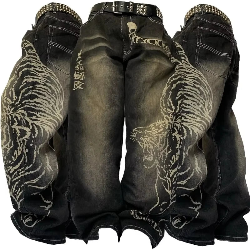 Y2K Vintage New Pattern Letters Embroidered Yellow Washed Jeans Women Rock Casual Joker Wide-leg High Waist Trousers