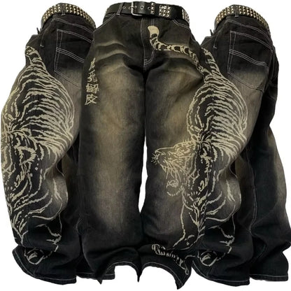 Y2K Vintage New Pattern Letters Embroidered Yellow Washed Jeans Women Rock Casual Joker Wide-leg High Waist Trousers