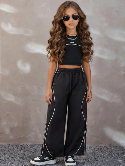 Y2k Summer Street Style Casual Outfit for Teenage Girls: Black T-Shirt + Color-Blocked Wide-Leg Pants Two-Piece Set Streetwear